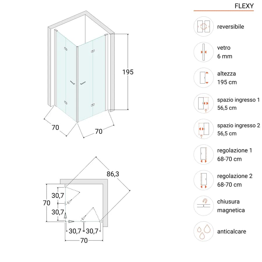 Box doccia 70x70 cm doppio soffietto vetro anticalcare trasparente profilo cromo 195h - Flexy