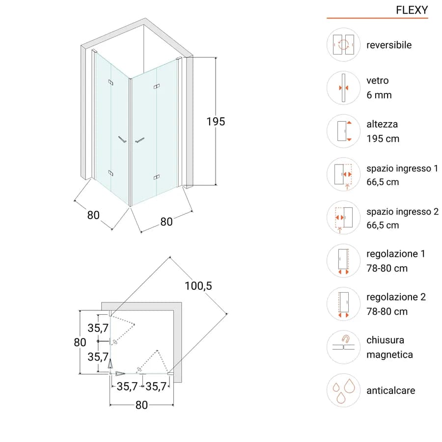 Box doccia 80x80 cm doppio soffietto vetro anticalcare trasparente profilo cromo 195h - Flexy