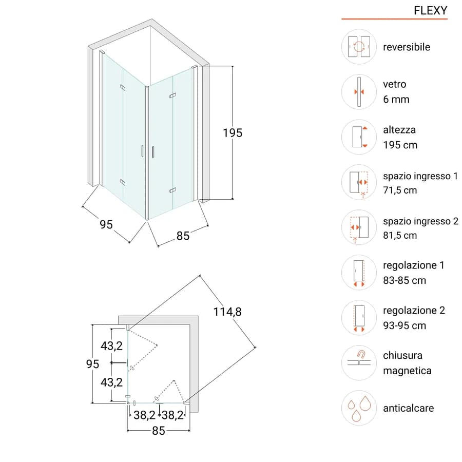 Box doccia 85x95 cm doppio soffietto in vetro anticalcare opaco profilo cromo 195h - Flexy