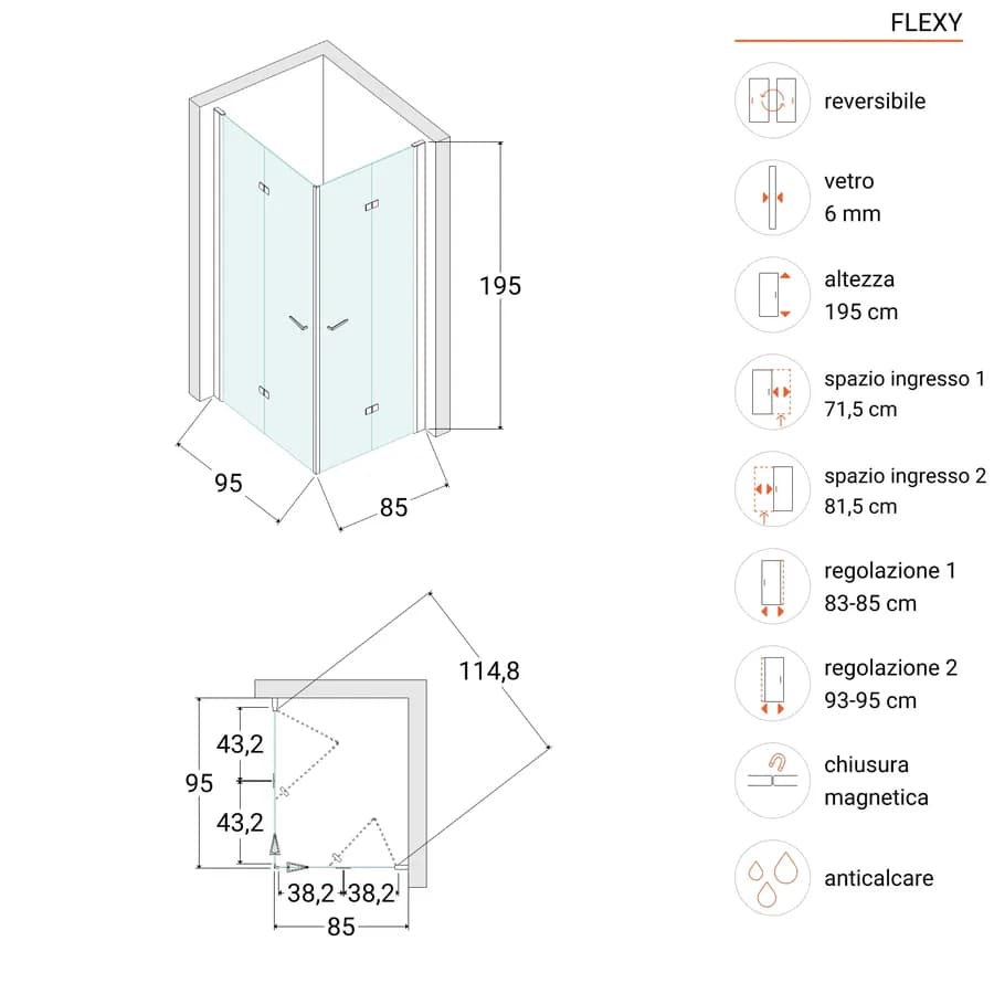 Box doccia 85x95 cm doppio soffietto in vetro anticalcare trasparente profilo cromo 195h - Flexy