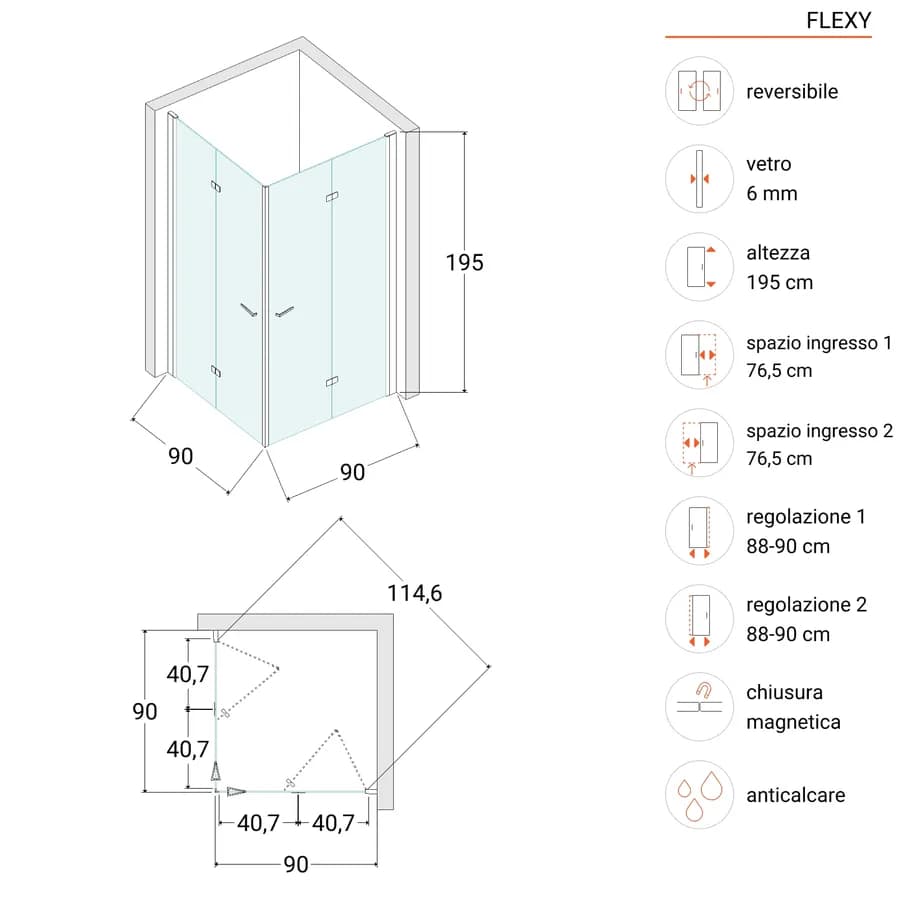 Box doccia 90x90 cm doppio soffietto in vetro anticalcare trasparente profilo cromo 195h - Flexy