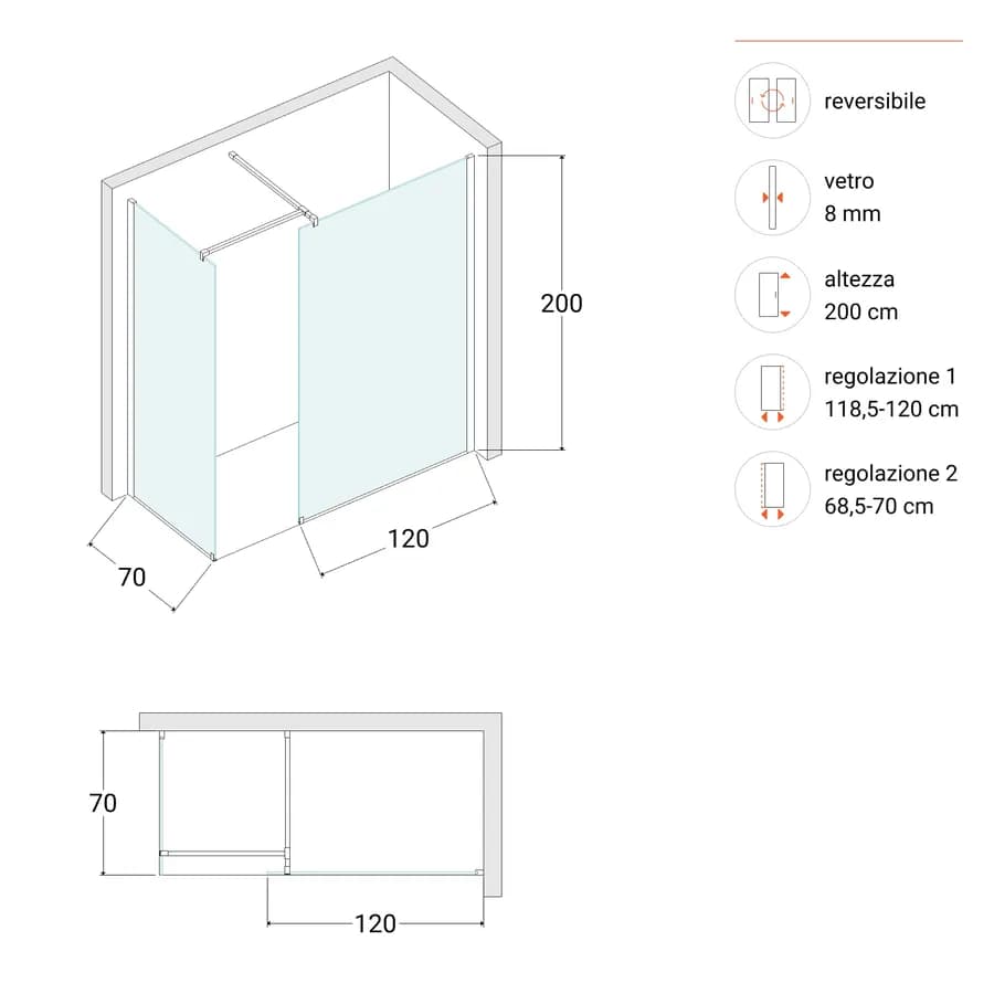 Box doccia 70x120 cm due lati in vetro anticalcare trasparente e profilo cromo 200h - Keep