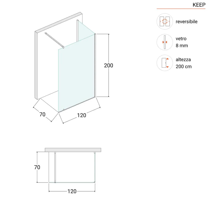 Box doccia walk-in 70x120 cm angolare con vetro trasparente e profilo cromo 200h - Keep