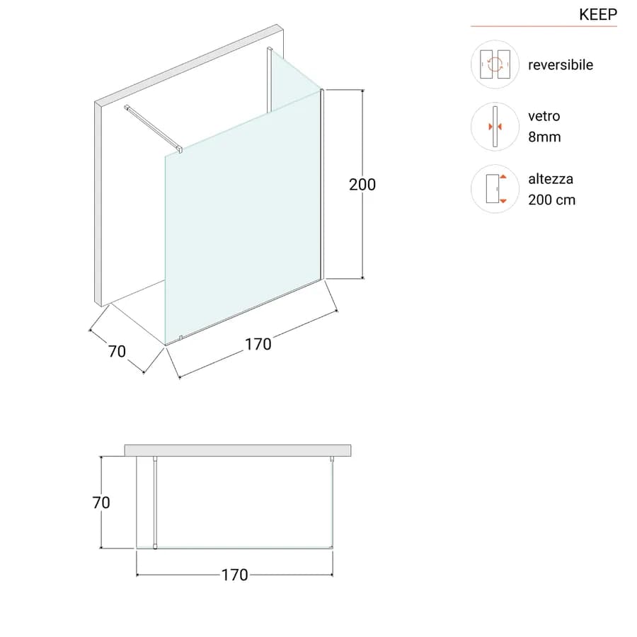 Box doccia walk-in 70x170 cm angolare con vetro trasparente e profilo cromo 200h - Keep
