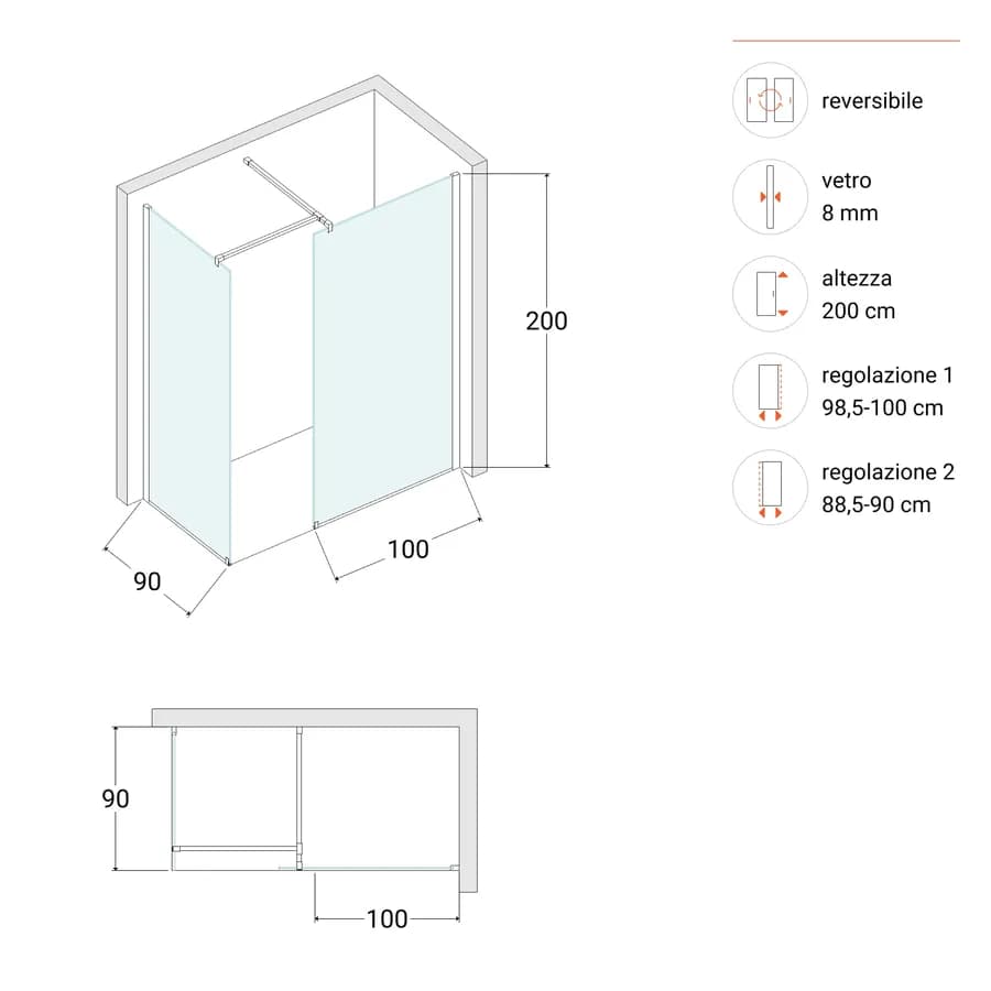 Box doccia walk-in due lati 90x100 cm vetro anticalcare trasparente 8mm e profilo cromo 200h - Keep
