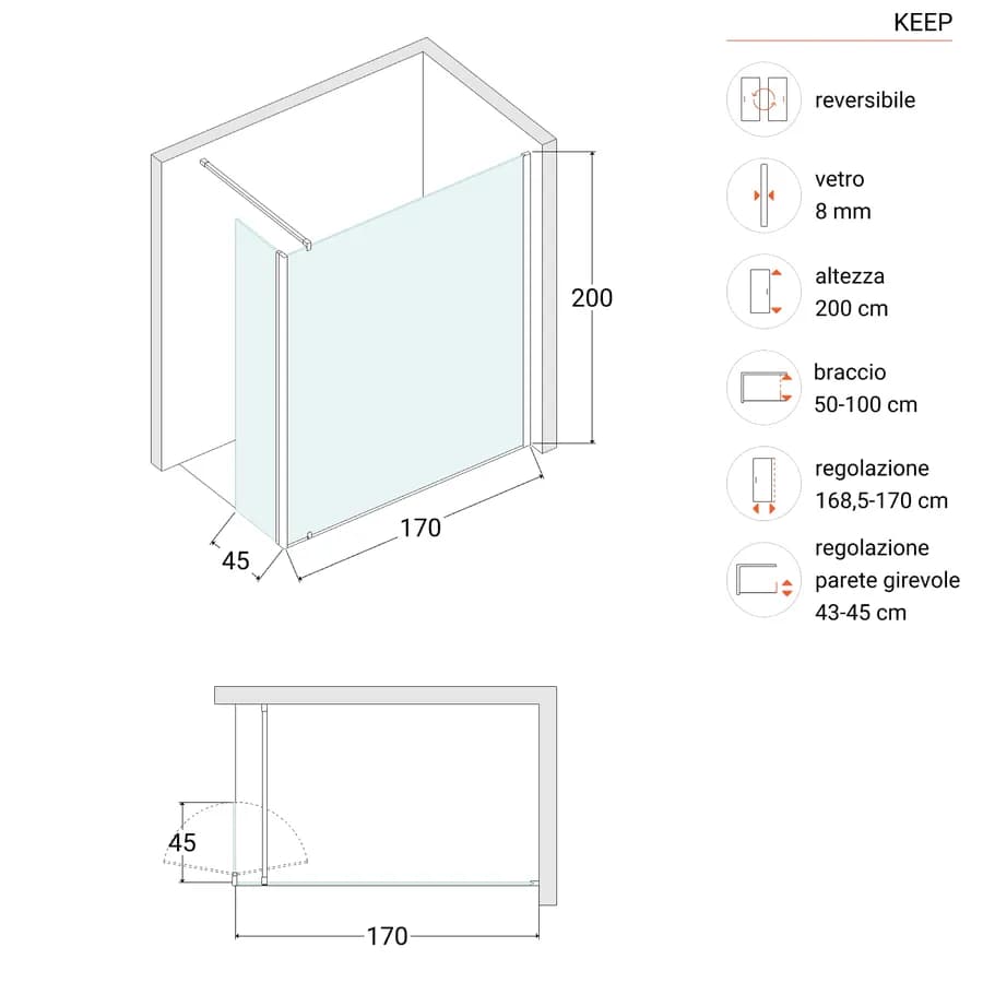 Box doccia Keep angolare 170 cm con anta gireovle da 45 cm in vetro temperato anticalcare