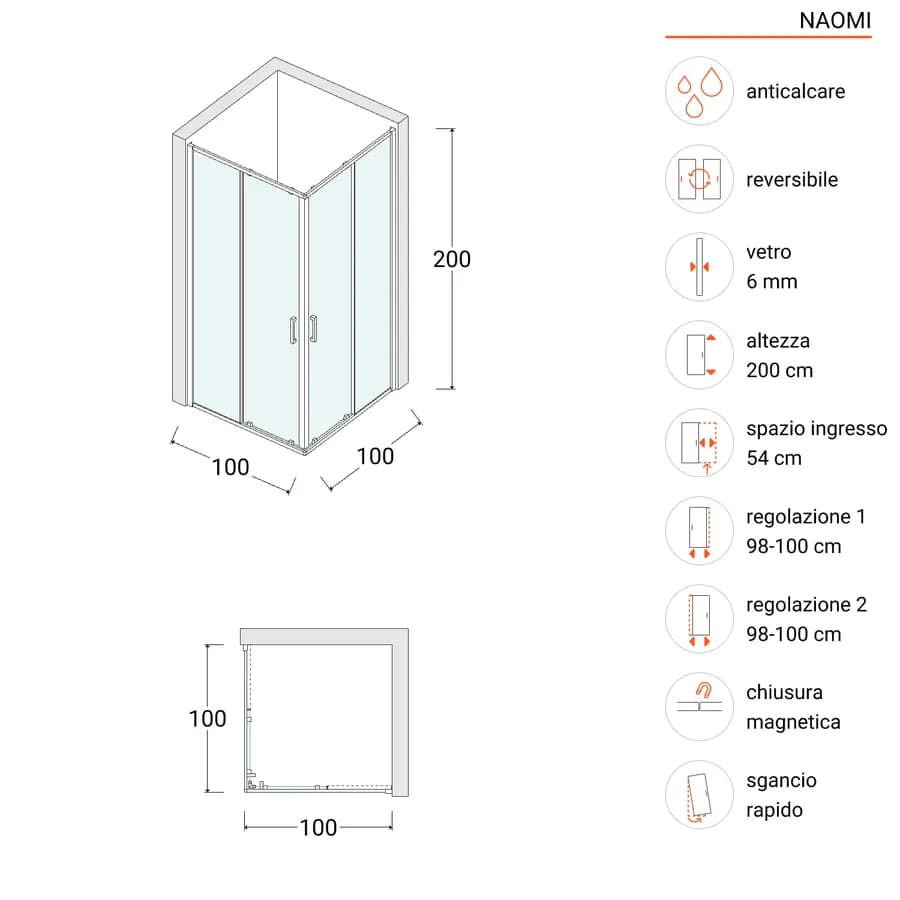 Box doccia nero 100x100 cm apertura angolo scorrevole 200h in vetro temperato anticalcare - Naomi