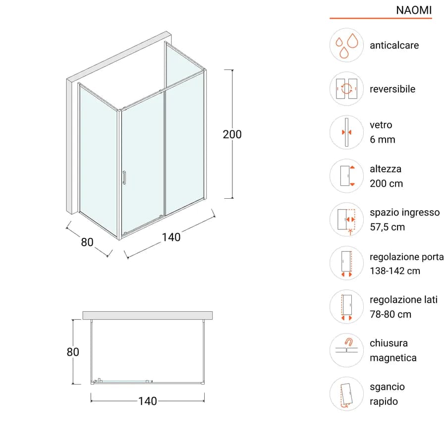 Box doccia nero 3 lati 80x140x80 porta scorrevole anticalcare trasparente - Naomi