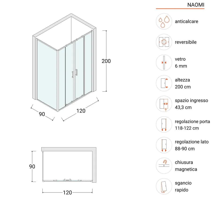 Box doccia nero 90x120cm angolare scorrevole a 4 ante in vetro temperato anticalcare 200h - Naomi