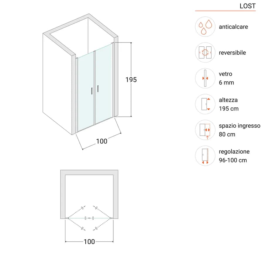 Box doccia nicchia 100 cm saloon con vetro anticalcare trasparente e profilo cromo 195h - Lost