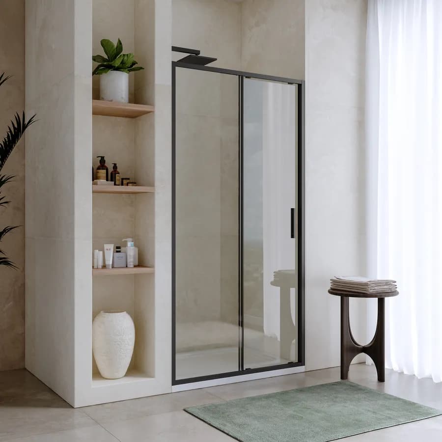 Box doccia nicchia 100 cm scorrevole con vetro slim trasparente e profilo nero opaco 195h - Glide