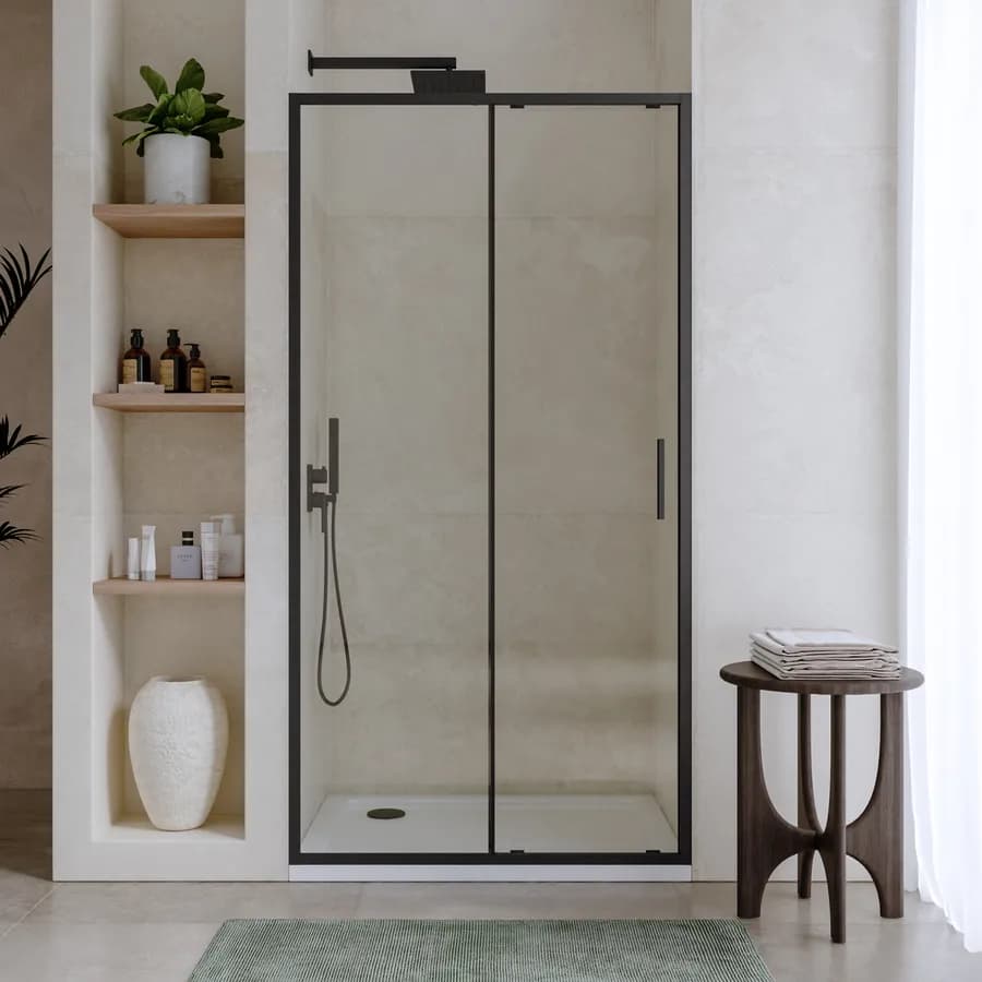 Box doccia nicchia 100 cm scorrevole con vetro slim trasparente e profilo nero opaco 195h - Glide