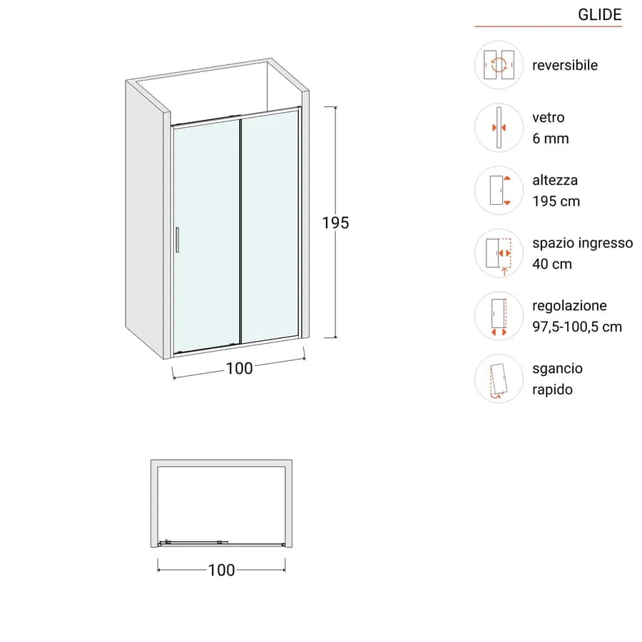 Box doccia nicchia 100 cm scorrevole con vetro slim trasparente e profilo nero opaco 195h - Glide
