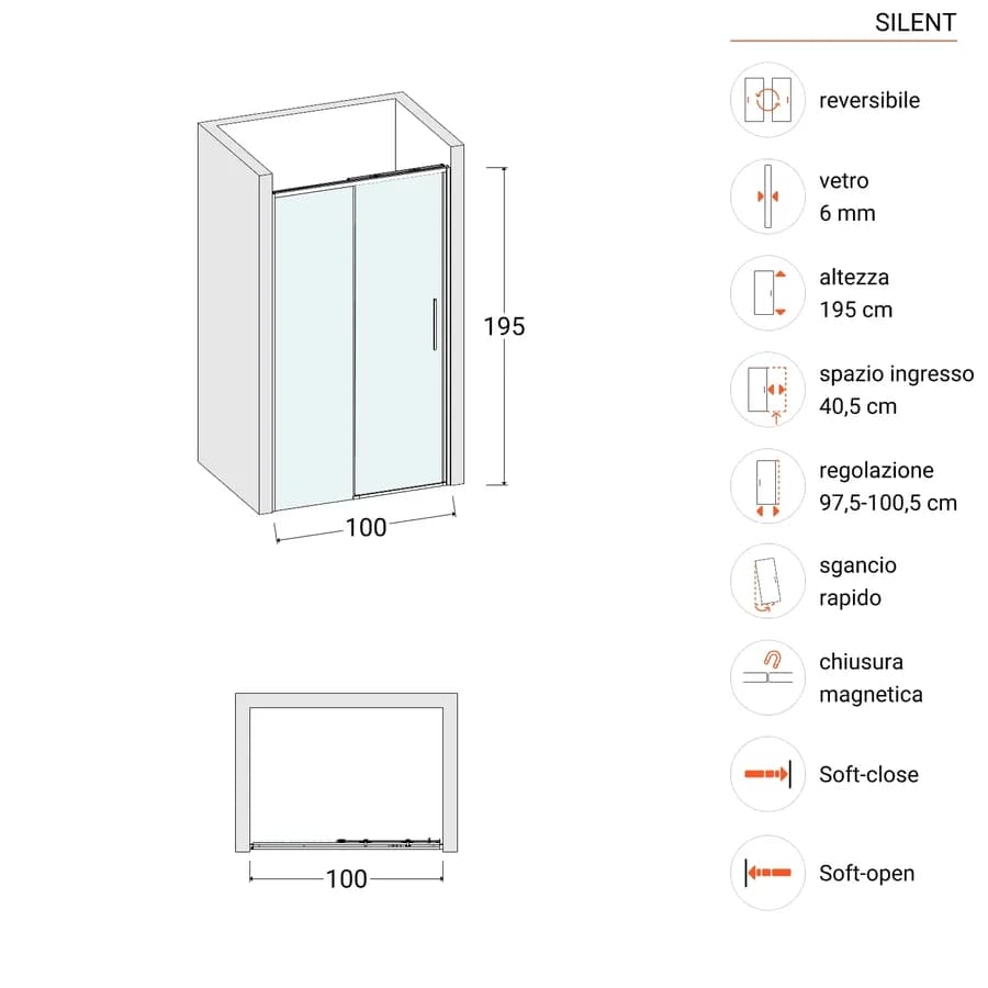 Box doccia nicchia 100 cm scorrevole con vetro trasparente e profilo nero opaco 195h - Silent