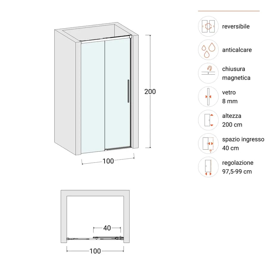 Box doccia nicchia 100 cm scorrevole con vetro anticalcare trasparente profilo nero opaco 200 h - Alissa