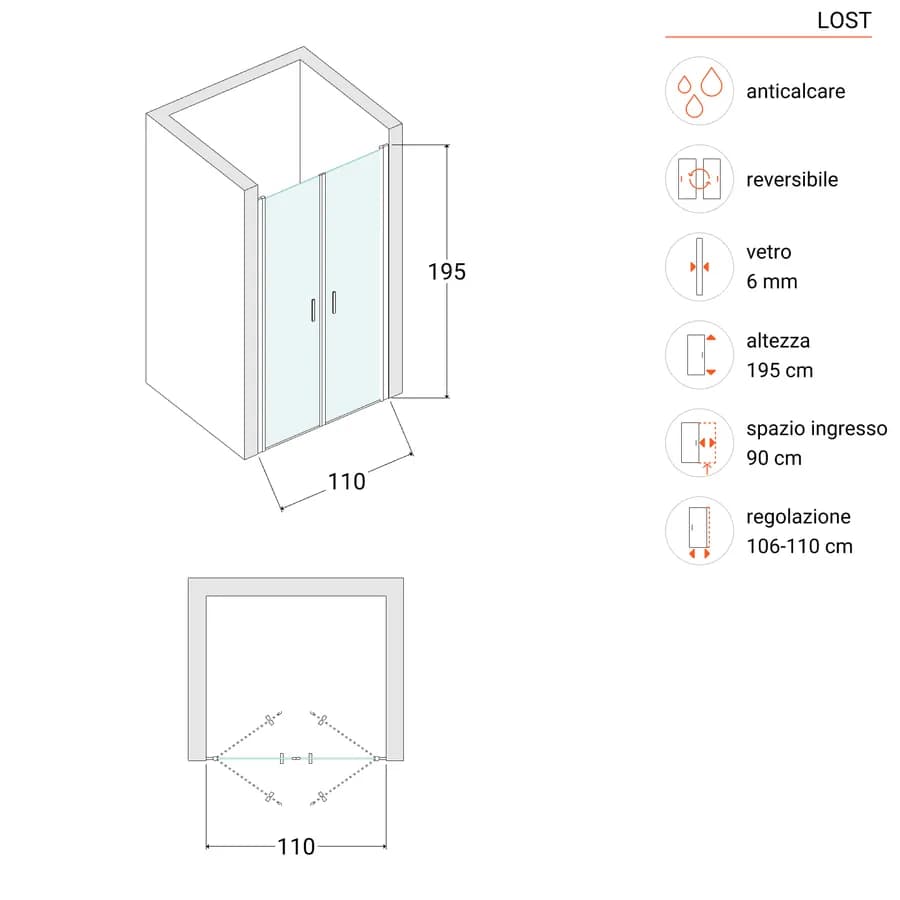 Box doccia nicchia 110 cm saloon con vetro anticalcare trasparente e profilo nero 195h - Lost