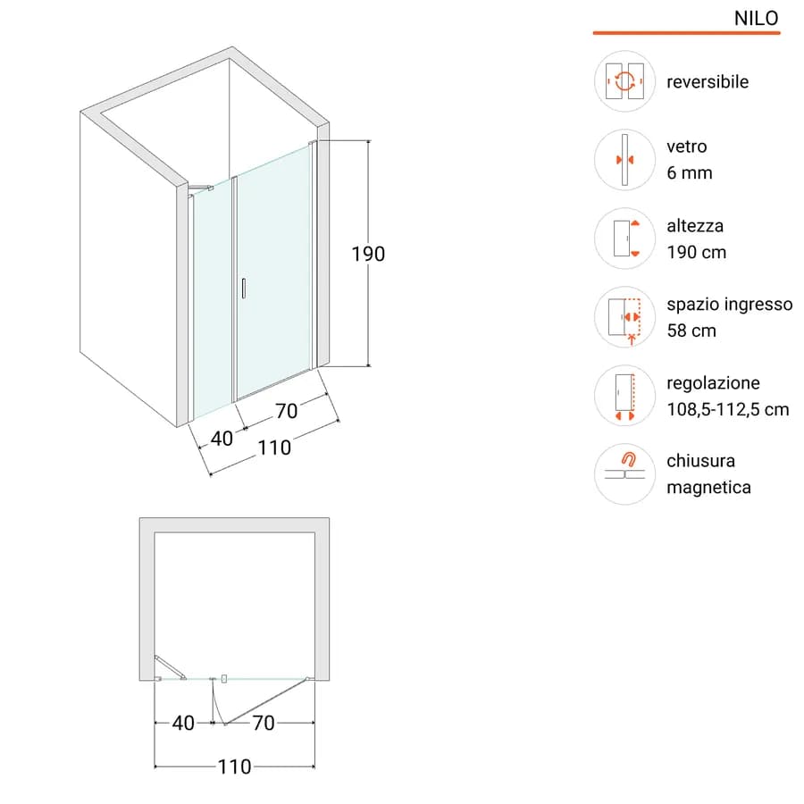 Box doccia nicchia 110cm 70 battente + 40 fisso opaco 190h - Nilo