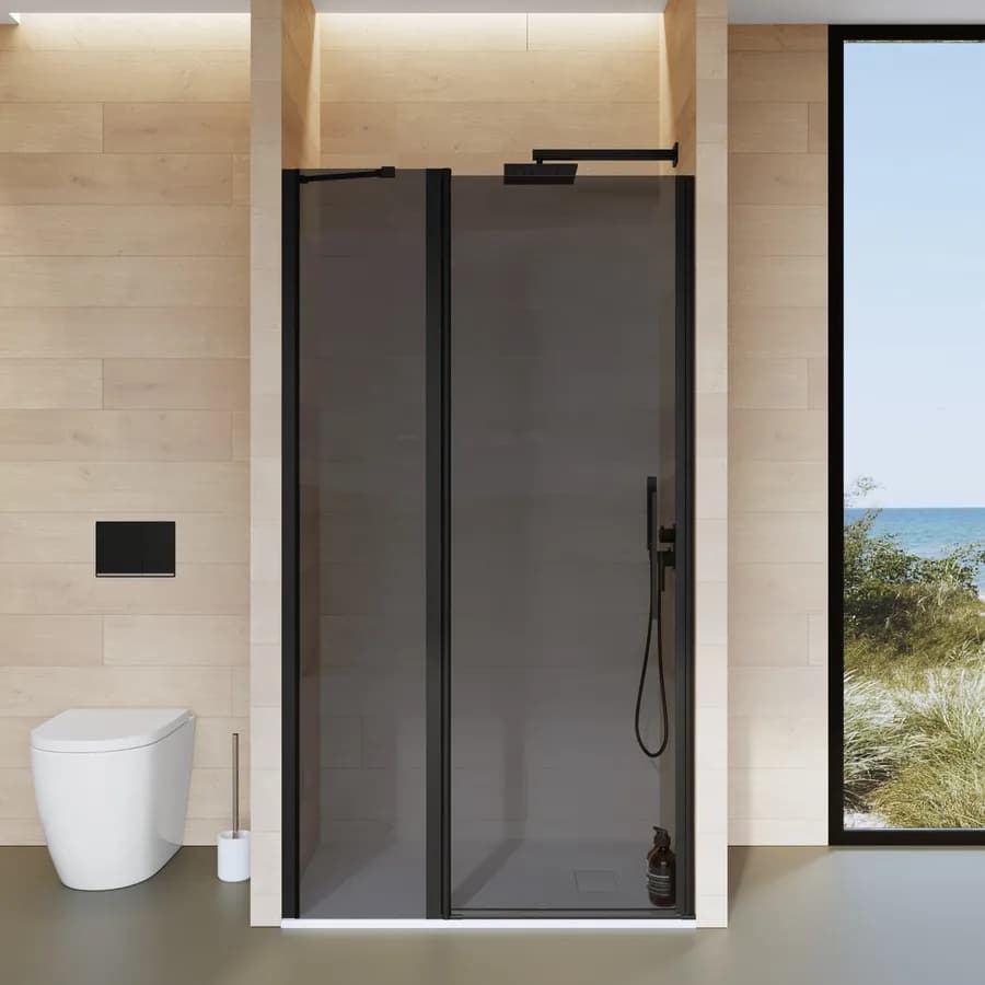 Box doccia nicchia 115 cm battente 70 cm e lato giunto con vetro temperato fumé e profilo nero opaco 195h - Nilo