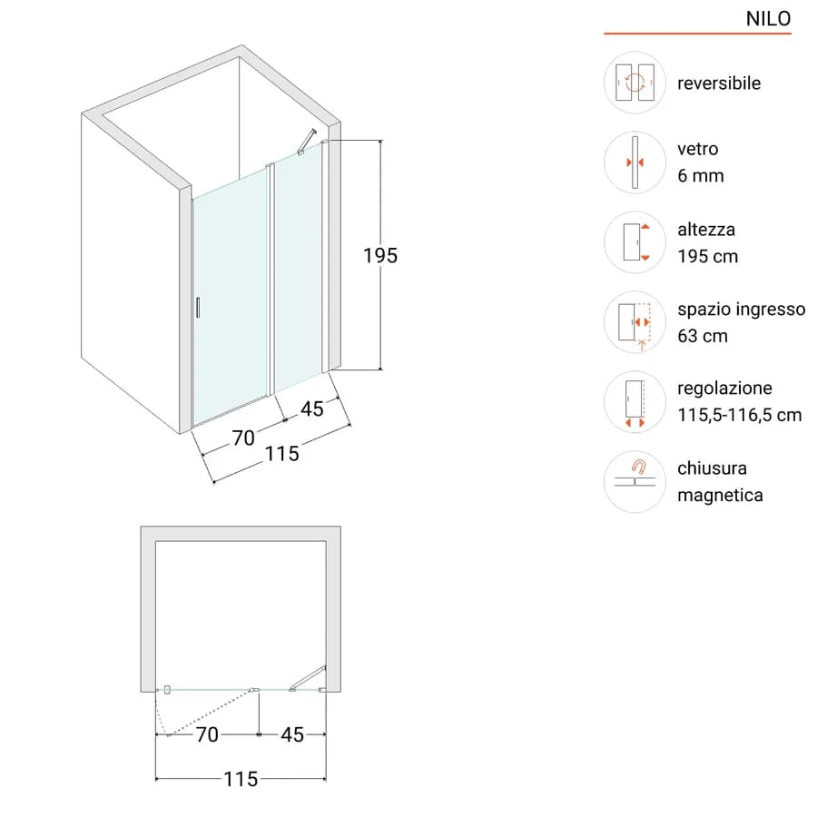 Box doccia nicchia 115 cm battente 70 cm e lato giunto con vetro temperato fumé e profilo nero opaco 195h - Nilo