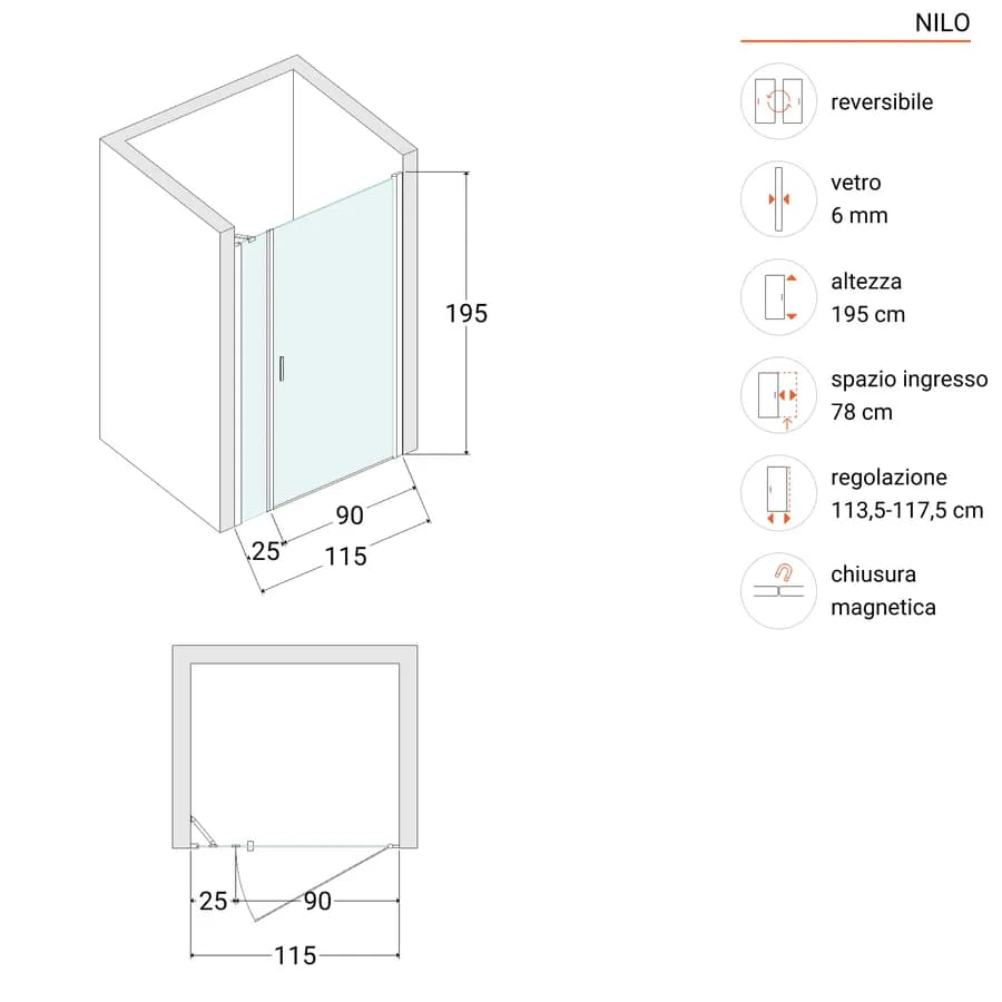 Box doccia nicchia 115 cm battente 90 e lato fisso in vetro temperato trasparente e profilo nero - Nilo