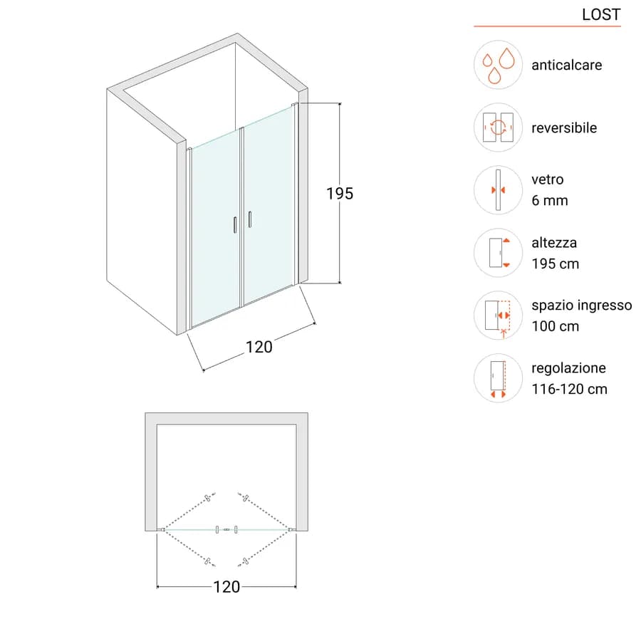 Box doccia nicchia 120 cm saloon con vetro anticalcare trasparente e profilo cromo 195h - Lost