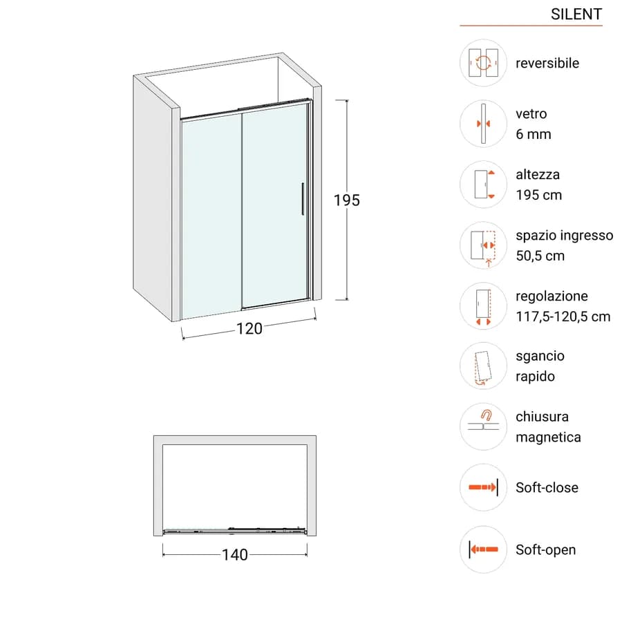 Box doccia nicchia 120 cm scorrevole con vetro trasparente e profilo cromo 195h - Silent