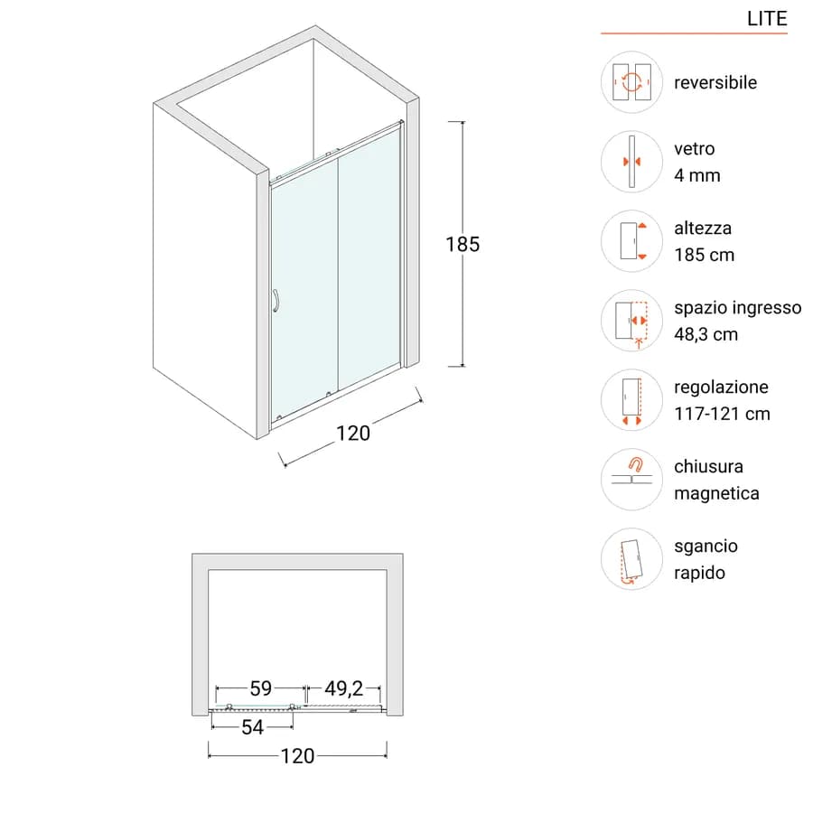 Box doccia nicchia 120 cm scorrevole con vetro trasparente e profilo nero opaco 185h - Lite