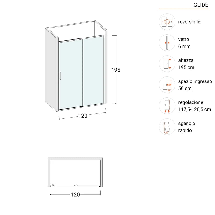 Box doccia nicchia 120 cm scorrevole con vetro slim trasparente e profilo nero opaco 195h - Glide