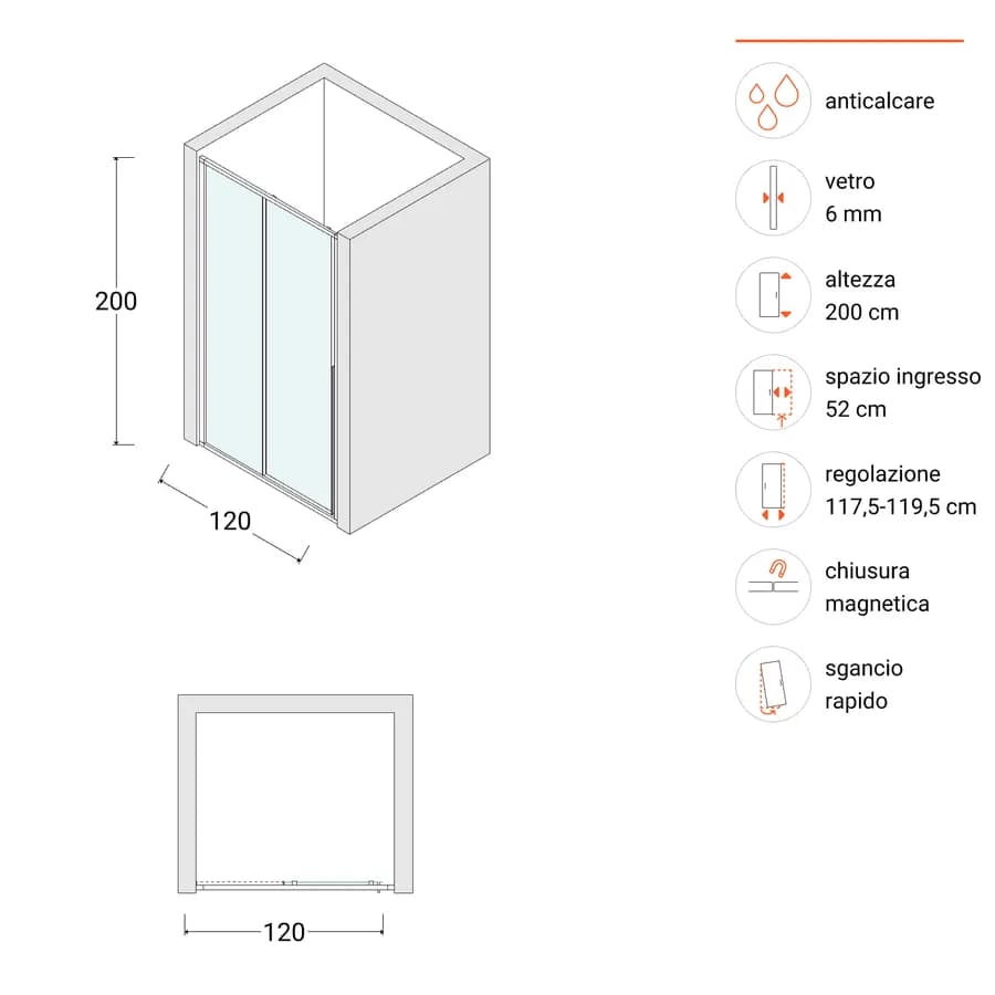 Box doccia nicchia 120 cm scorrevole sx vetro anticalcare trasparente profilo nero 200h - Helena