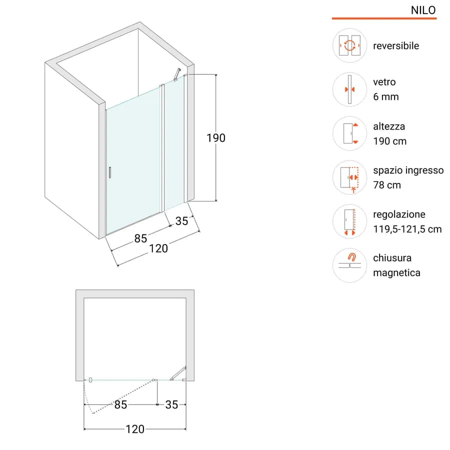 Box doccia nicchia 120cm 85 battente + 35 giunto trasparente 190h - Nilo