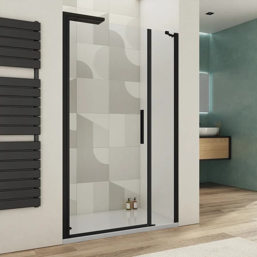 Box doccia nicchia 125 cm battente 100 e lato fisso in vetro temperato trasparente e profilo nero - Nilo