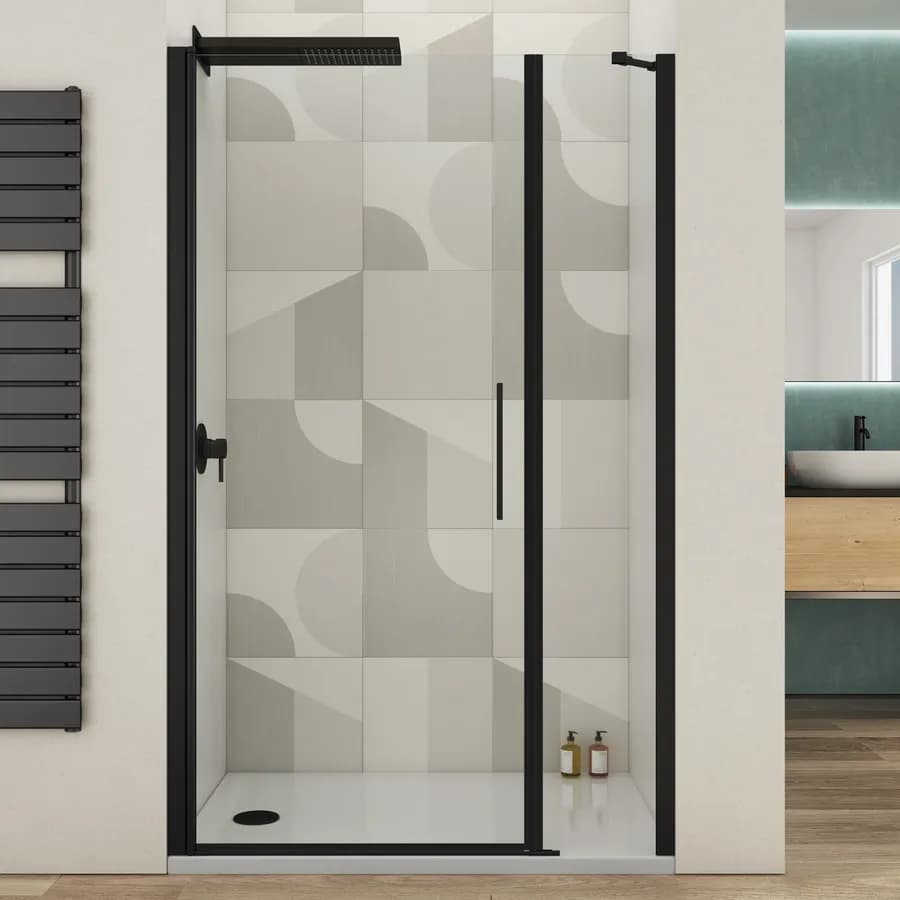 Box doccia nicchia 125 cm battente 100 e lato fisso in vetro temperato trasparente e profilo nero - Nilo