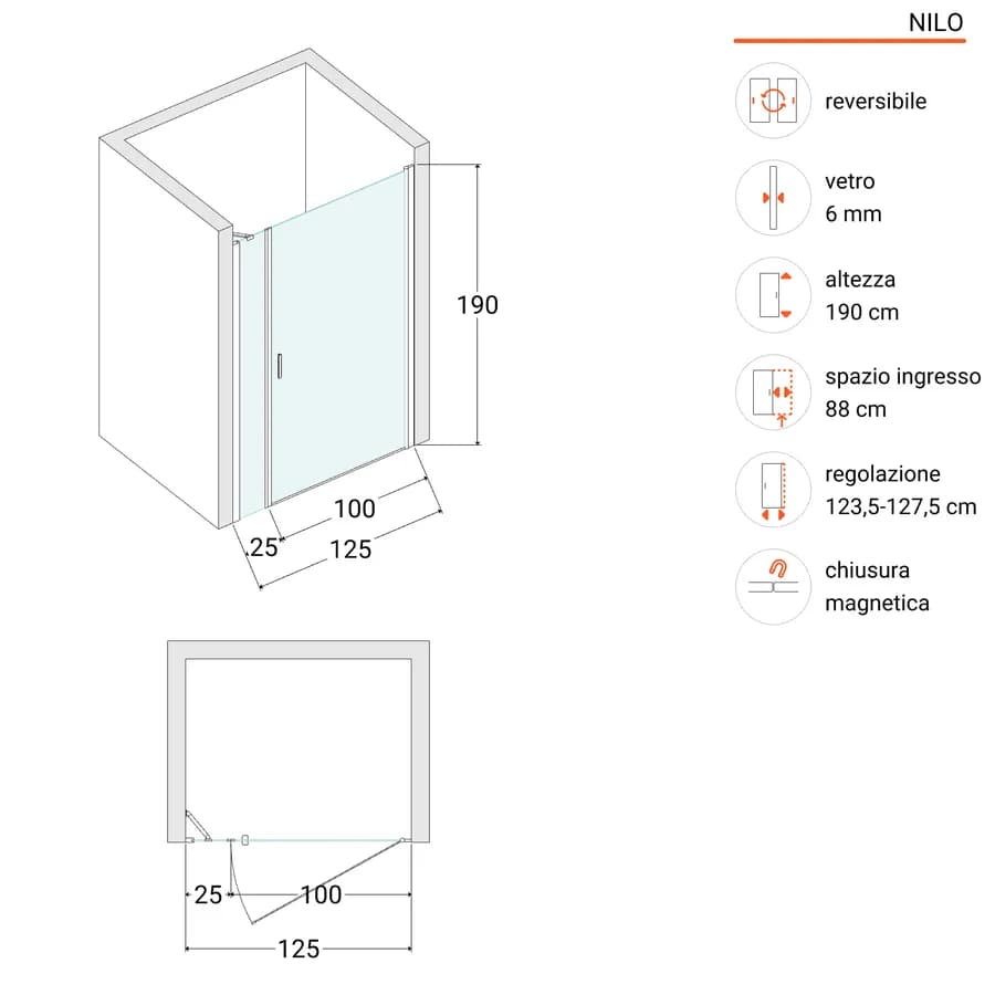 Box doccia nicchia 125 cm battente 100 e lato fisso in vetro temperato trasparente e profilo nero - Nilo