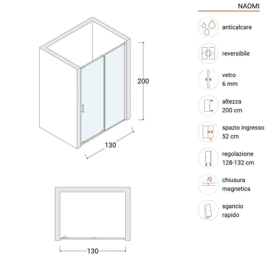 Box doccia nicchia 130 cm profilo nero opaco con vetro temperato anticalcare 200h cm - Naomi