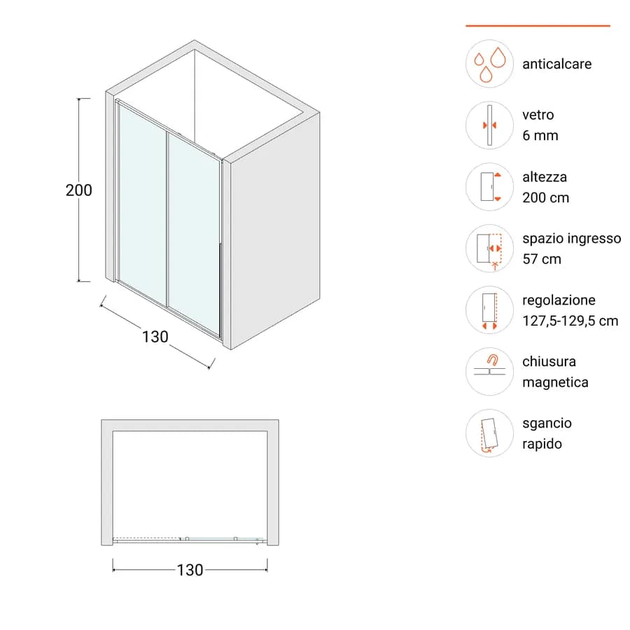 Box doccia nicchia 130 cm scorrevole sx vetro anticalcare trasparente profilo cromo 200h - Helena