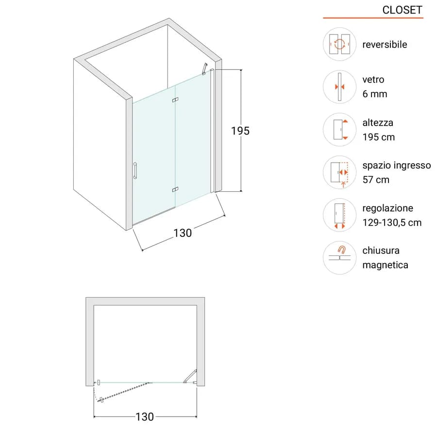 Nicchia battente 130 cm vetro temperato anticalcare 195h - Closet
