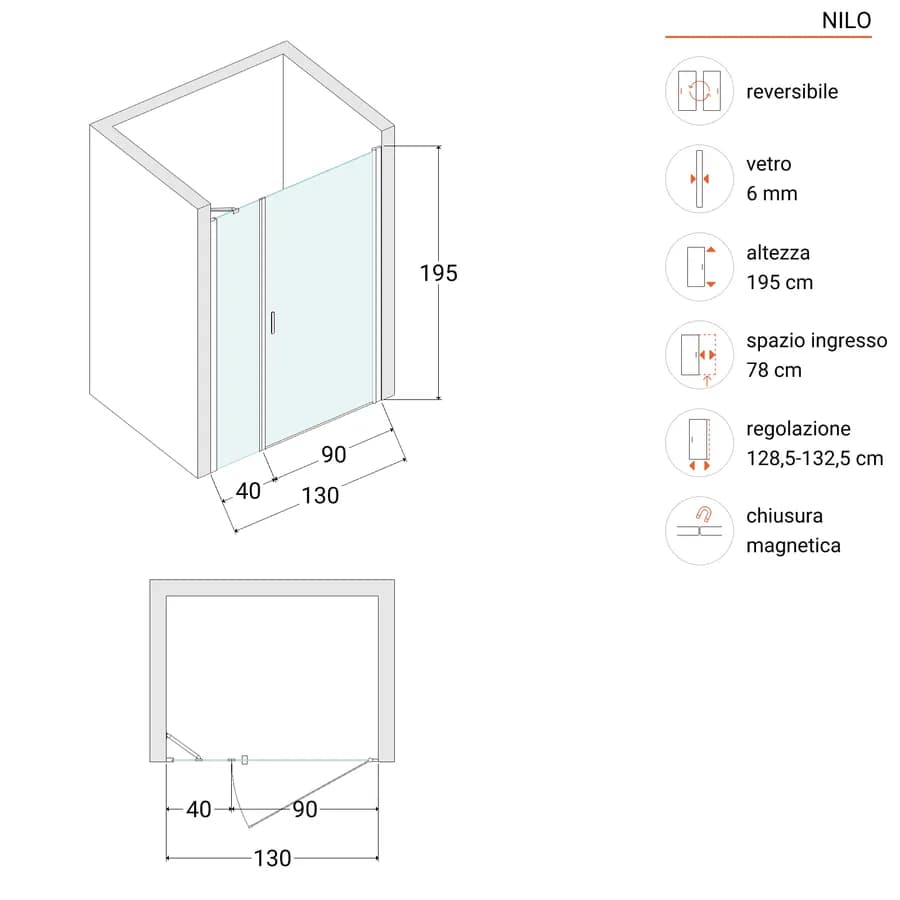 Box doccia nicchia 130cm 90 battente + 40 fisso trasparente 195h - Nilo