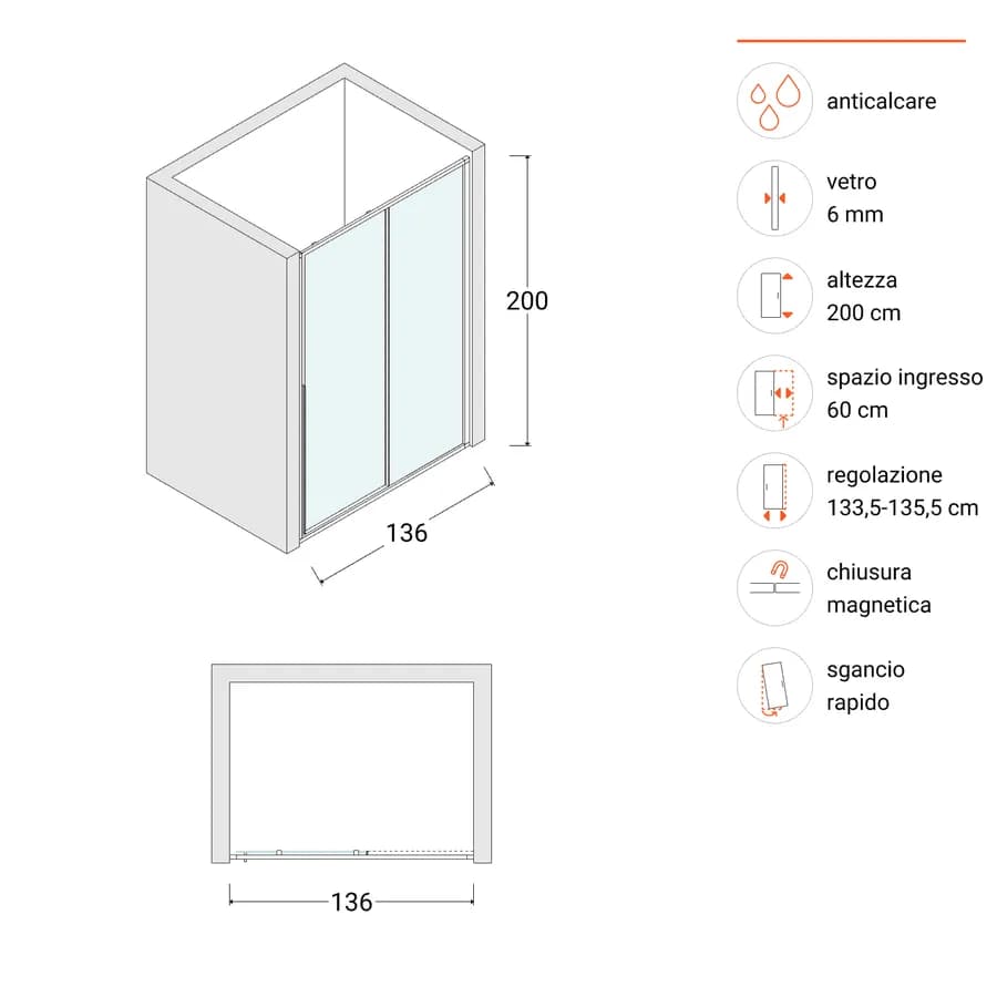 Box doccia nicchia 136 cm scorrevole dx vetro anticalcare trasparente profilo nero 200h - Helena