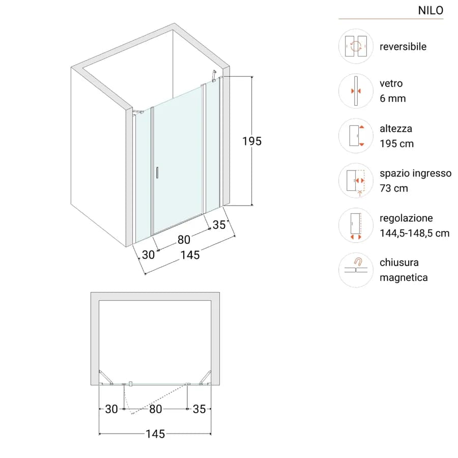 Box doccia nicchia 145 cm 35 giunto + 80 battente + 30 fisso con vetro temperato opaco e profilo cromo 195h - Nilo