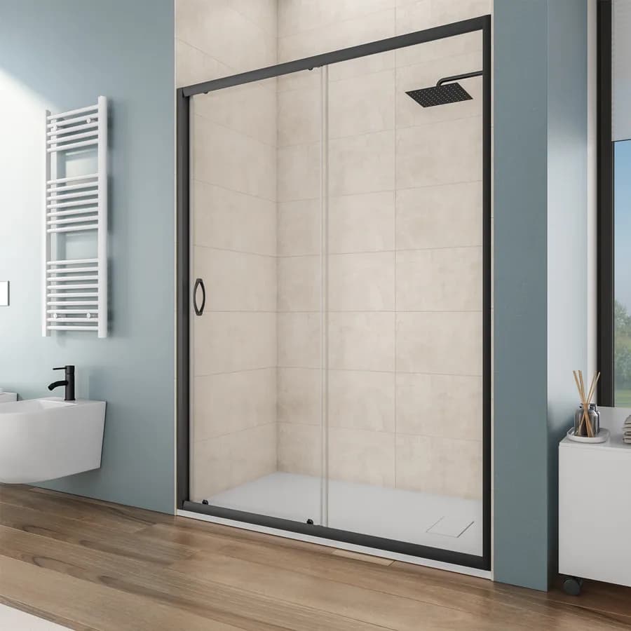 Box doccia nicchia 150 cm scorrevole con vetro trasparente e profilo nero opaco 185h - Lite