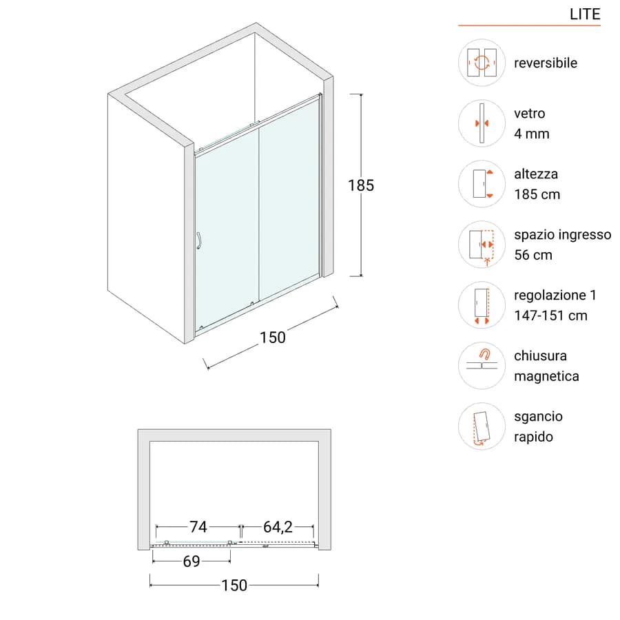 Box doccia nicchia 150 cm scorrevole con vetro trasparente e profilo nero opaco 185h - Lite