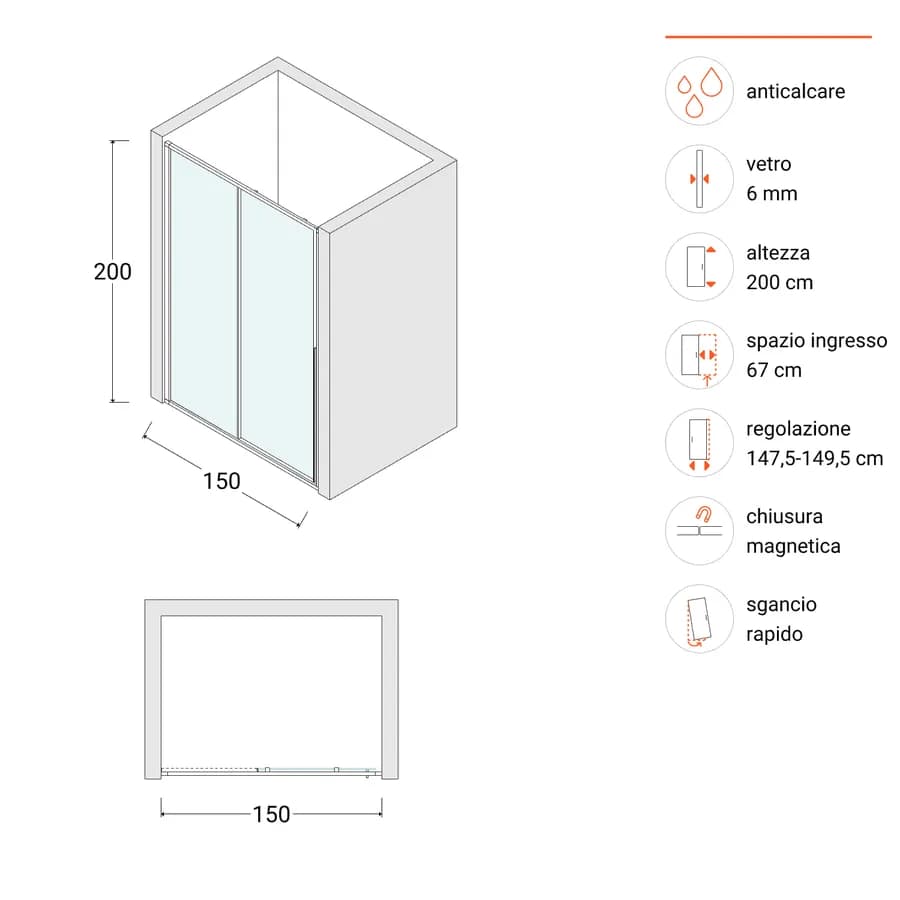 Box doccia nicchia 150 cm scorrevole sx vetro anticalcare trasparente profilo nero 200h - Helena