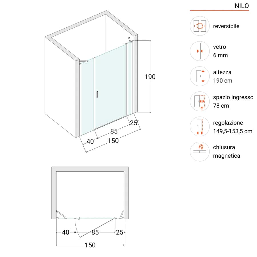 Box doccia nicchia 150cm 25 giunto + 90 battente + 40 fisso opaco 190h - Nilo