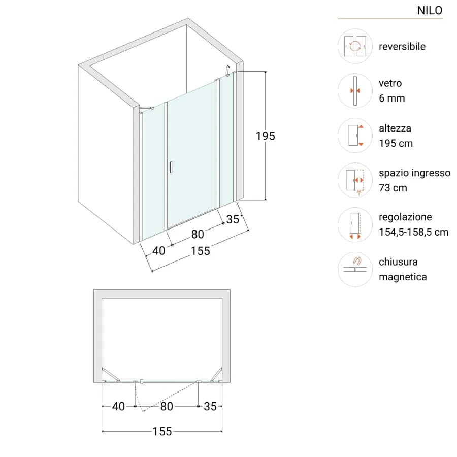 Box doccia nicchia 155 cm 35 giunto + 80 battente + 40 fisso con vetro temperato opaco e profilo cromo 195h - Nilo