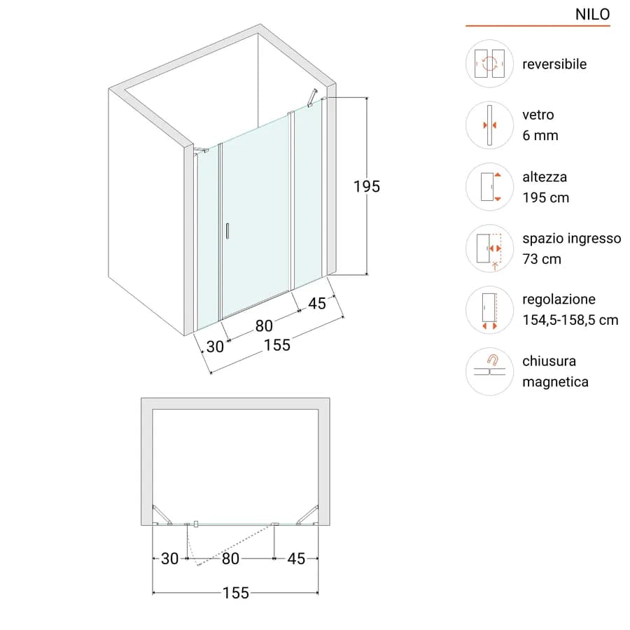 Box doccia nicchia 155 cm 45 giunto + 80 battente + 30 fisso con vetro temperato opaco e profilo cromo 195h - Nilo