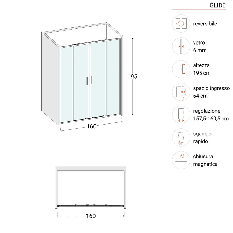 Box doccia nicchia 160 cm doppio scorrevole con vetro slim trasparente e profilo cromo 195h - Glide