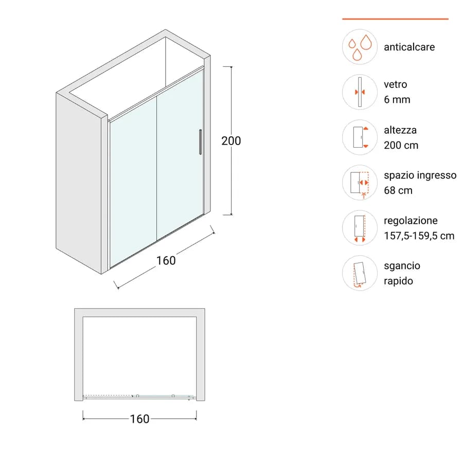 Box doccia nicchia 160 cm scorrevole sx con vetro anticalcare trasparente e profilo cromo 200h - Kiri
