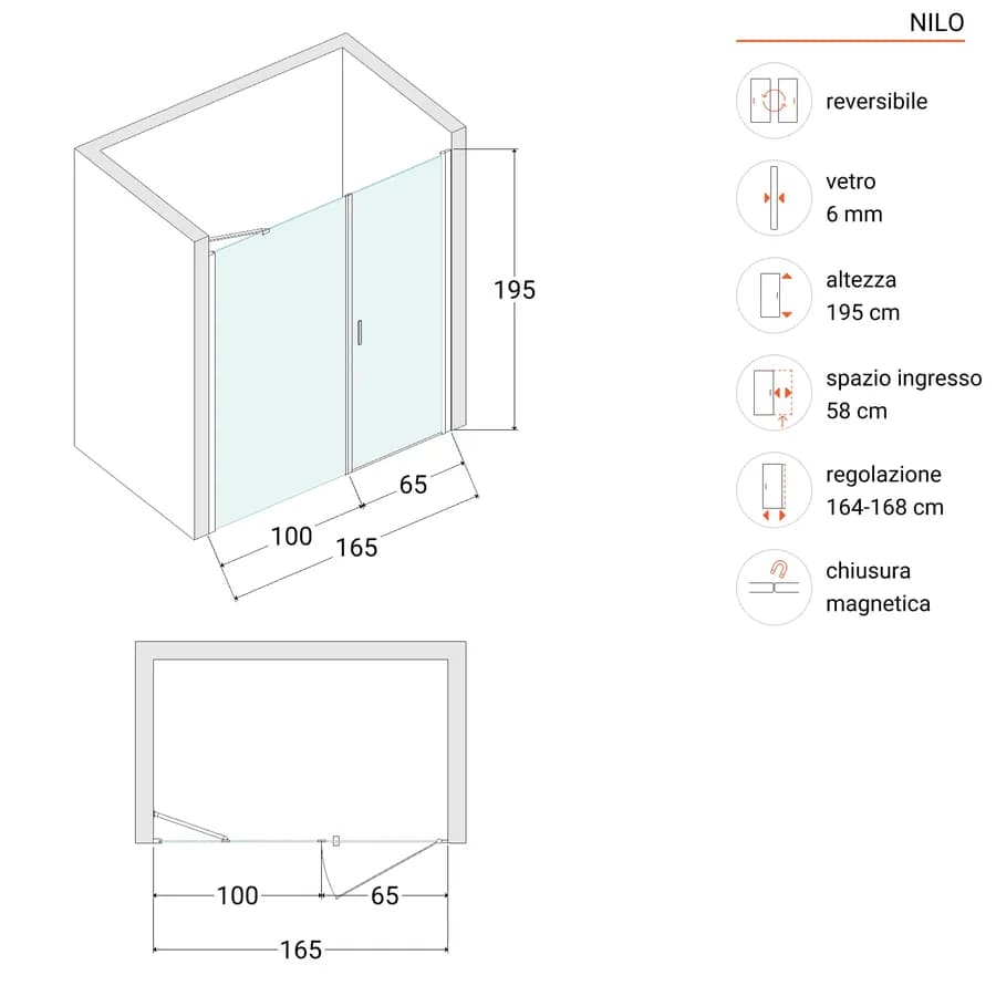 Box doccia nicchia 165 cm battente 65 e lato fisso 100 con profilo nero 195h - Nilo