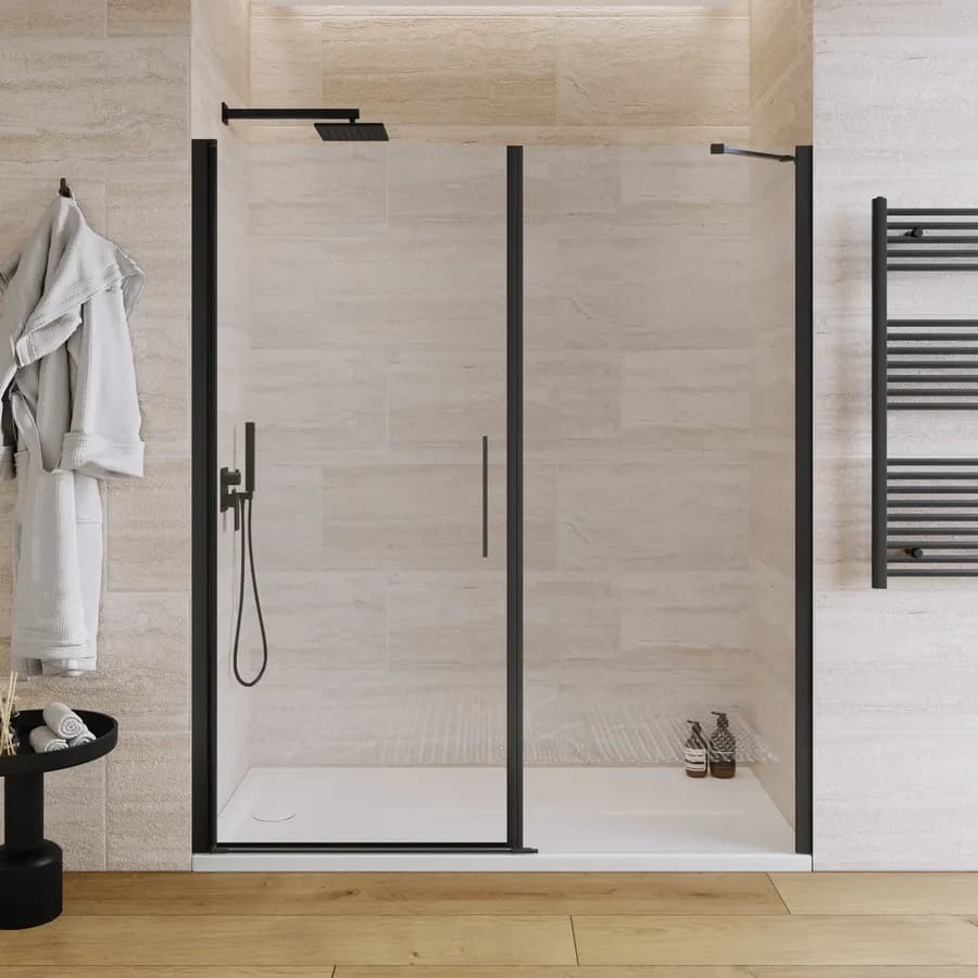 Box doccia nicchia 165 cm battente 85 cm e lato fisso con vetro temperato trasparente e profilo nero 190h - Nilo