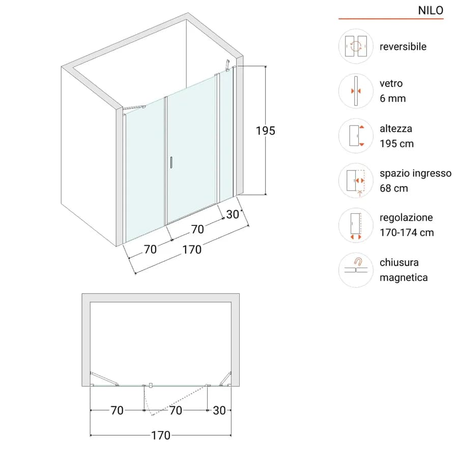 Box doccia nicchia 170 cm 30 giunto + 70 battente + 70 fisso con profilo nero 195h - Nilo